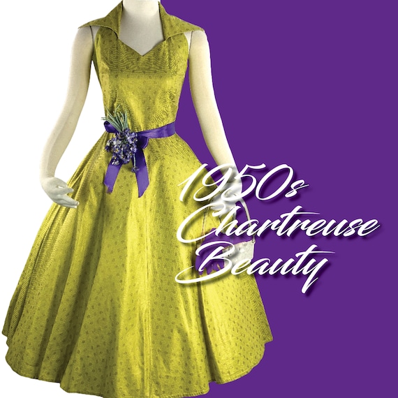 Vintage 1950s Chartreuse Glazed Cotton Dress - 50s