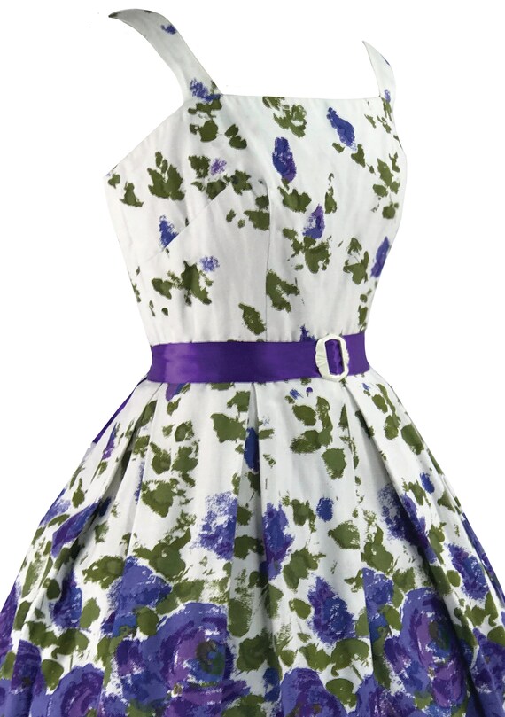 Vintage 1950s Blue Roses Border Print Dress - 50s… - image 4
