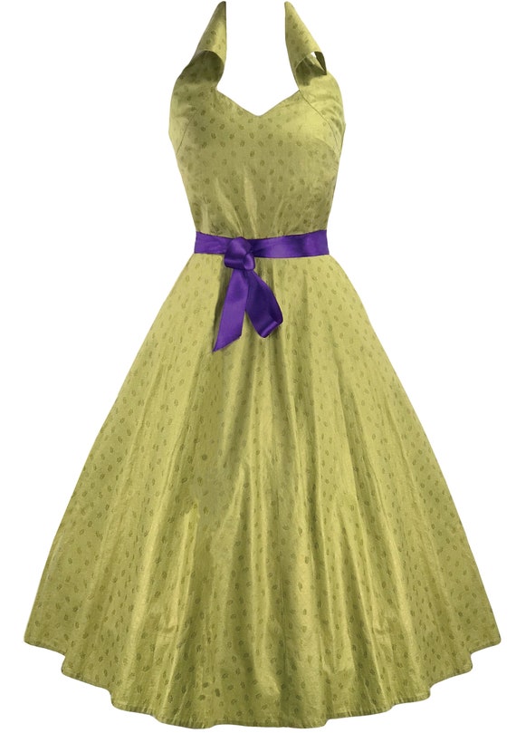 Vintage 1950s Chartreuse Glazed Cotton Dress - 50s