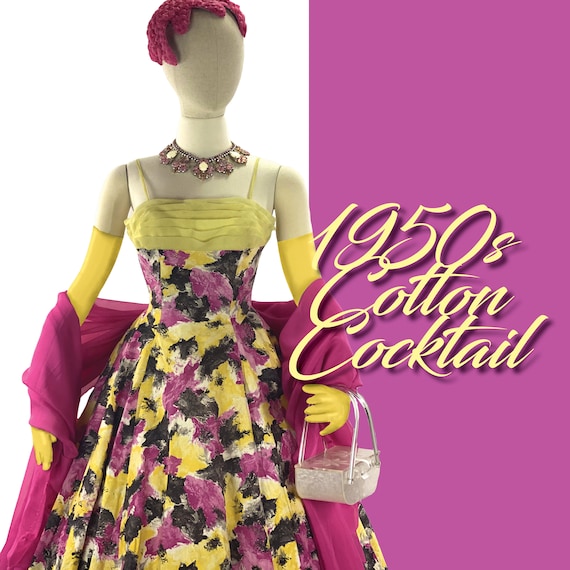1950s Rose Pink and Yellow Abstract Floral Cocktai