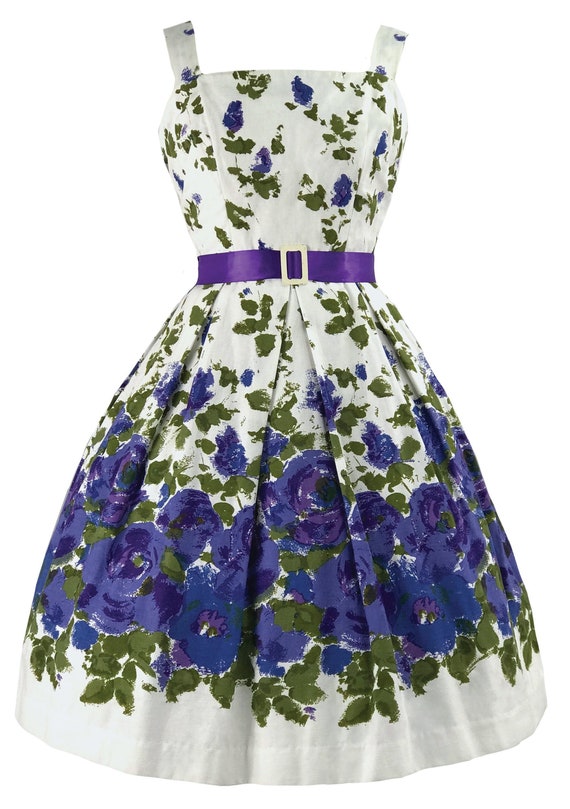 Vintage 1950s Blue Roses Border Print Dress - 50s… - image 1