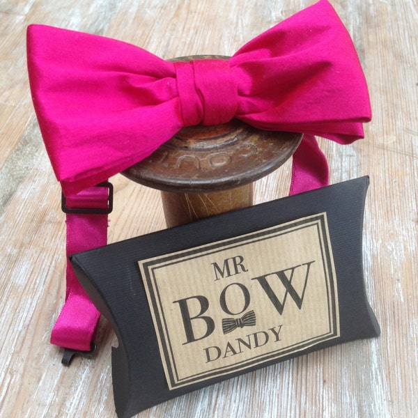 Dapper Bow Tie in Hot Pink sumptuous 100% silk with satin adjustable neck fitting available in over 50 colours and patterns