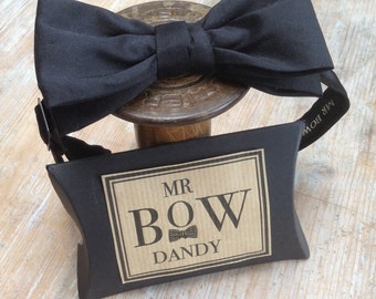 Dapper Bow Tie in Black sumptuous 100% silk with satin adjustable neck fitting available in over 50 colours and patterns