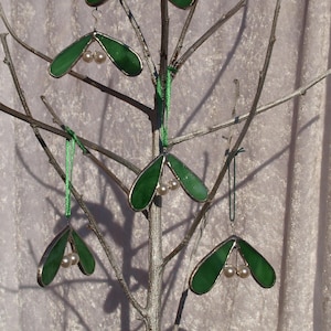 Mistletoe tree ornament, stained glass mistletoe, mistletoe christmas decoration, mistletoe tree decoration, Swarovski Glass pearl berries image 5