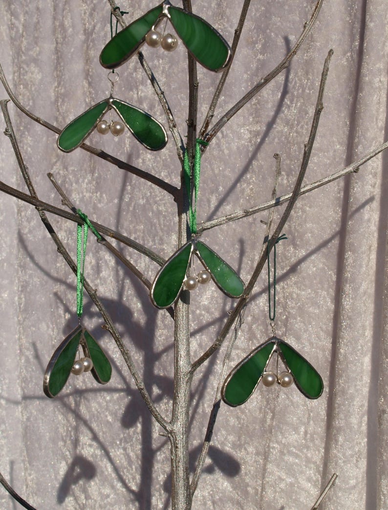 Mistletoe tree ornament, stained glass mistletoe, mistletoe christmas decoration, mistletoe tree decoration, Swarovski Glass pearl berries image 5