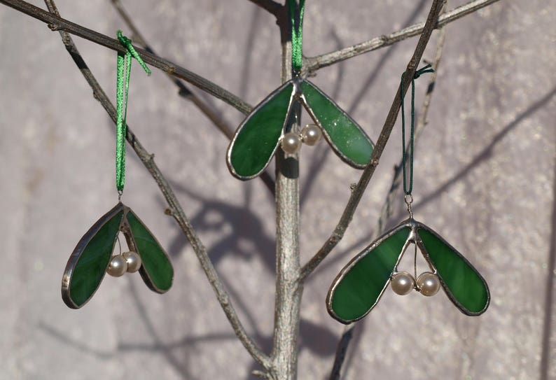 Mistletoe tree ornament, stained glass mistletoe, mistletoe christmas decoration, mistletoe tree decoration, Swarovski Glass pearl berries image 8