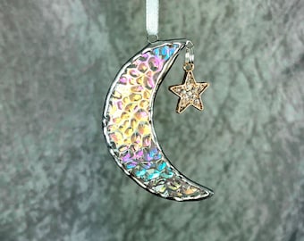 Stained Glass Moon and Star Christmas Ornament
