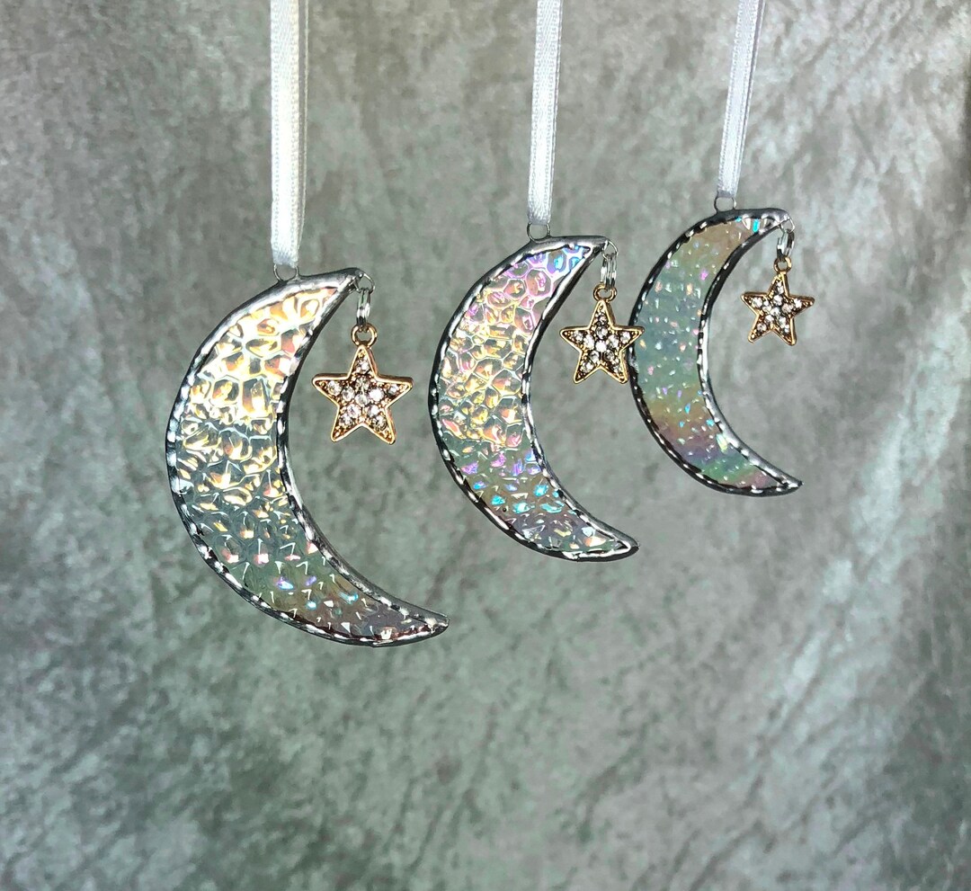 3x Stained Glass, Moon and Star, Glass Moon, Christmas Ornament, Tree