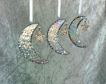 3x stained glass, Moon and star, Glass moon, christmas ornament, tree decoration, christmas tree ornament, christmas decoration, moon decor