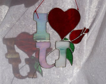 I love you, heart & rose stained glass suncatcher -Perfect gift for Valentines day, wedding, anniversary or just to say I love you