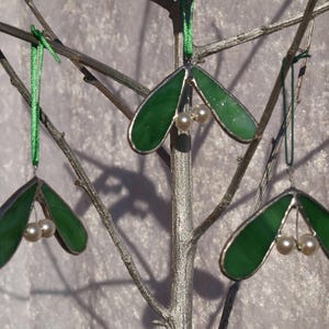 Mistletoe tree ornament, stained glass mistletoe, mistletoe christmas decoration, mistletoe tree decoration, Swarovski Glass pearl berries image 7