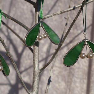 Mistletoe tree ornament, stained glass mistletoe, mistletoe christmas decoration, mistletoe tree decoration, Swarovski Glass pearl berries image 4