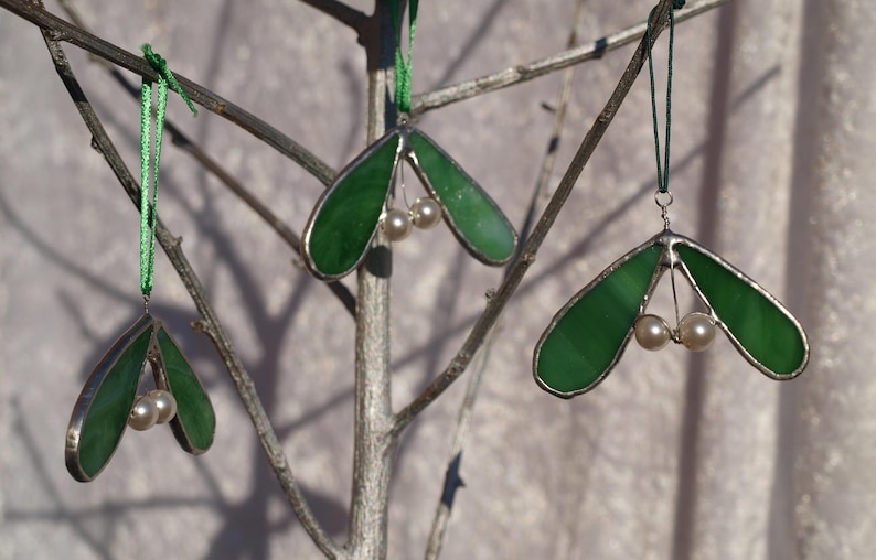 Mistletoe tree ornament, stained glass mistletoe, mistletoe christmas decoration, mistletoe tree decoration, Swarovski Glass pearl berries image 4