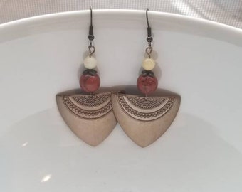 Brass shield earrings with natural stone embellishments