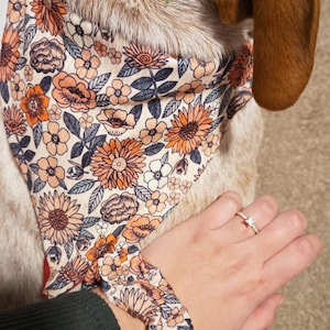 Puede incluir: Un perro con un pañuelo floral con fondo blanco y flores naranjas, marrones y azules. El pañuelo está atado alrededor del cuello del perro y está asegurado con un nudo. El perro está sentado sobre una superficie marrón. La mano de una persona es visible en la imagen, con un anillo y una goma para el pelo floral a juego.