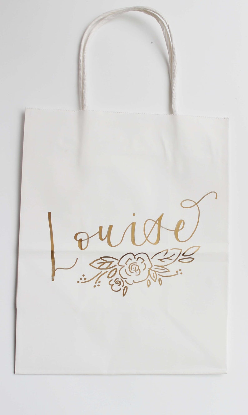 Personalized Bags Birthday Gift Bag Wedding Gift Bag Bachelorette Bridal Party Bags Custom Floral White Gift Bags Floral Handwritten