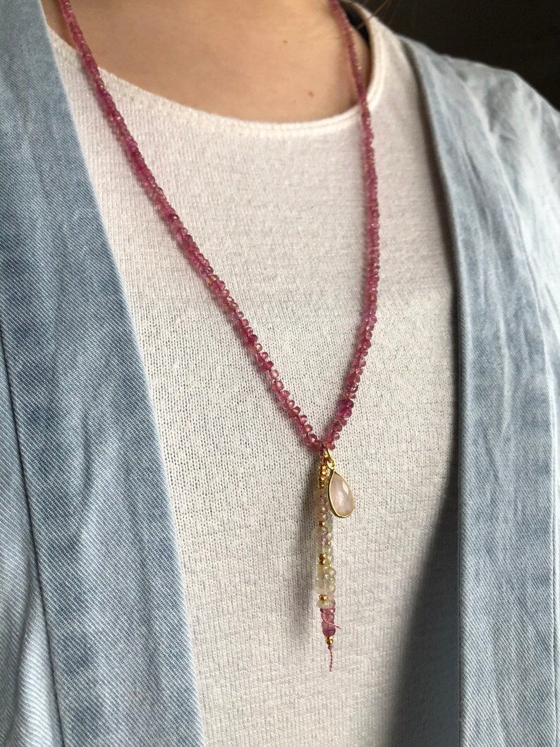 Umba Sapphire necklace featuring a Rose Quartz charm and 24k Gold vermeil accents