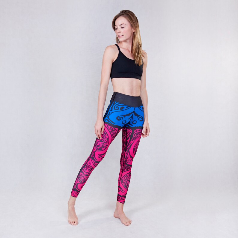 Leggings Hornbill Printed Tattoo Blue Pink Activewear Pants Yoga Fitness Climbing Dance Breathable image 2