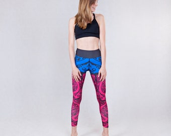 Leggings Hornbill Printed Tattoo Blue Pink Activewear Pants Yoga Fitness Climbing Dance Breathable