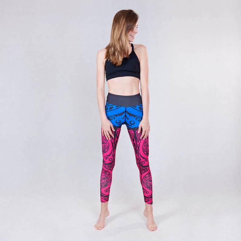 Leggings Hornbill Printed Tattoo Blue Pink Activewear Pants Yoga Fitness Climbing Dance Breathable image 1