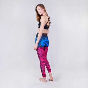 Leggings Hornbill Printed Tattoo Blue Pink Activewear Pants Yoga Fitness Climbing Dance Breathable image 3