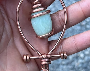 Serpentine Jade Ankh Necklace – Copper Wire Wrapped Crystal Pendant – Spiritual Jewelry – Boho Gift