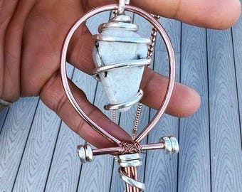 Månsten Ankh Halsband – Silver- och koppartrådslindat Kristallhänge – Spirituellt Smycke – Boho Gåva