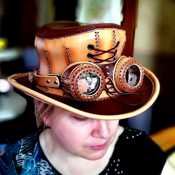 Sombrero de corsé de cuero genuino, sombrero Steampunk para mujer con gafas, sombrero Dieselpunk, sombrero para hombre, cosplay regalo personalizado TiVergy gafas de sombrero