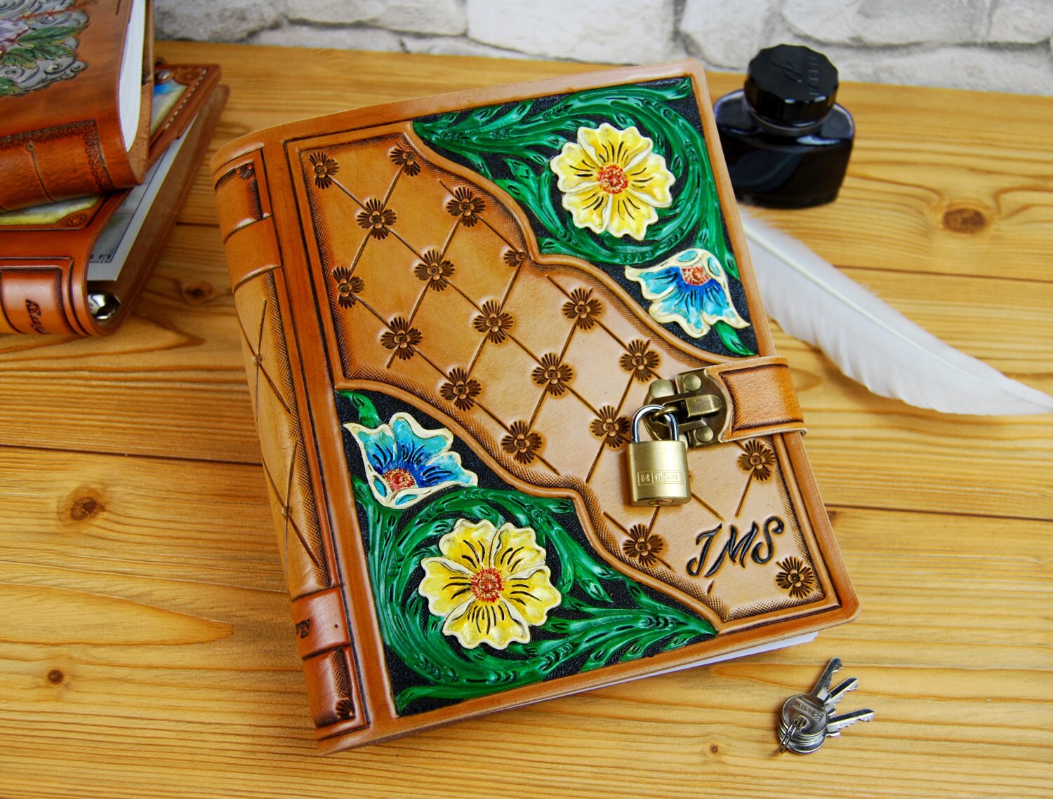 Personalized lockable leather notebook journal diary custom journal brown leather journal gift travel book floral sheridan ornament TiVergy