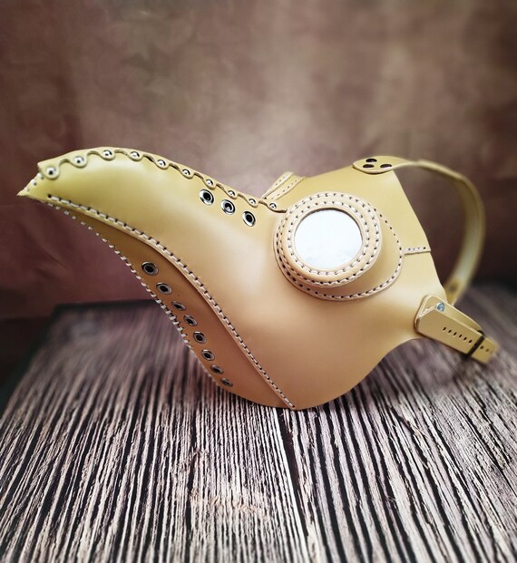 Leather Plague Doctor Mask With Hood, Beige Handmade