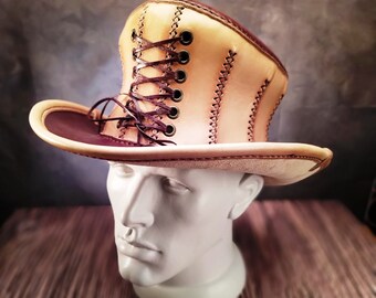 Cappello Steampunk In Pelle Artigianale Nero E Marrone - Stile Gotico Con Corsetto