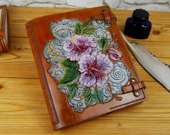 Hibiscus Leather journal, Handmade Journal, Personalized Journal, Gift for Her, Leather Notebook, Diary, Flower Journal, A5 Journal, TiVergy