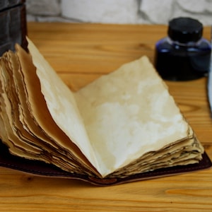 May include: An open leather-bound journal with blank, aged paper pages. A quill pen and an inkwell are on a wooden surface next to the journal.