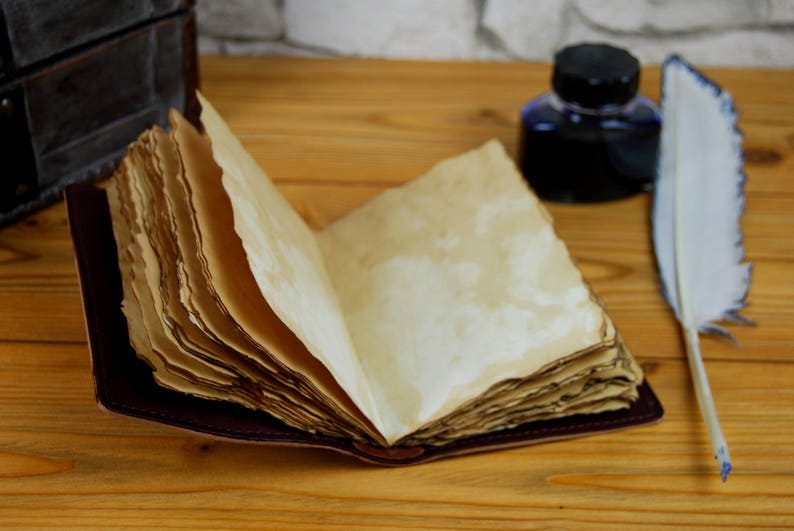 May include: An open leather-bound journal with blank, aged paper pages. A quill pen and an inkwell are on a wooden surface next to the journal.