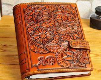 Florales Ornament Ledertagebuch, Echtledertagebuch, handgemachtes Tagebuch, personalisiertes Tagebuch, Notizbuch, Tagebuch, Geschenk