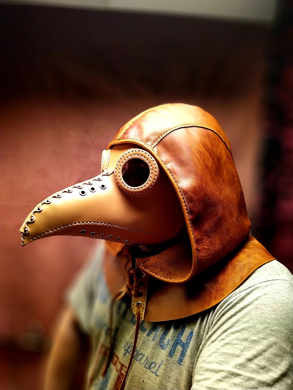 Leather Plague Doctor Mask With Hood, Beige Handmade