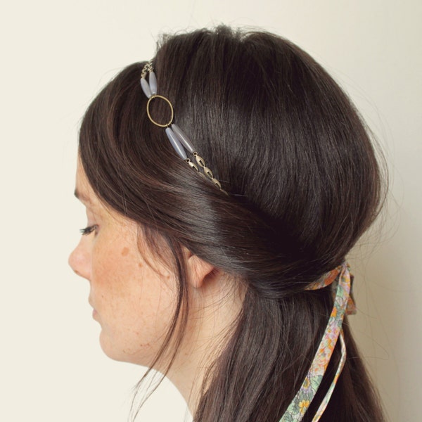 Headband en agate (pierre fine), laiton & biais Liberty® "Palmyre" Pemberley Bijoux / Bijou de cheveux / Sautoir / Headband bohème / Bohemia