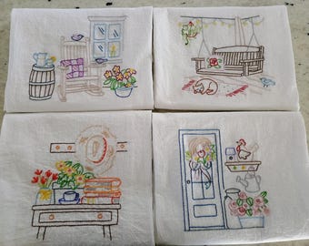 Front Porch Sitting- Hand Embroidered Tea Towel