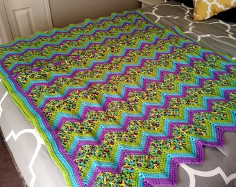 Crocheted Afghan Blanket Throw - Lime Green Turquoise Yellow Purple Chevron Pattern