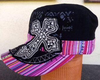 Christian Women's Adult Embroidered Screenprinted Adjustable Black Cadet Cap with Rhinestones and Aztec Pattern