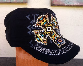 Christian Women's Adult Embroidered Screenprinted Adjustable Black Cadet Cap with Rhinestones and Aztec Pattern