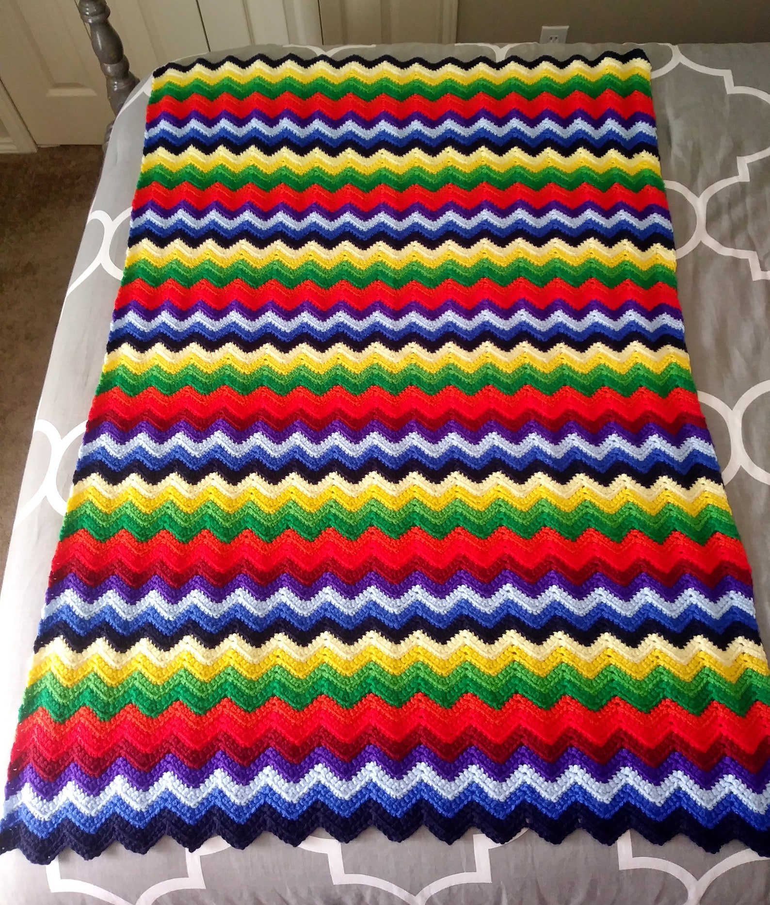 Crocheted Afghan Blanket Throw Rainbow Color Chevron Pattern Etsy