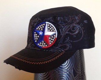 Texan Women's Adult Embroidered Screenprinted Adjustable Black Cadet Cap with Rhinestones and Texas Star