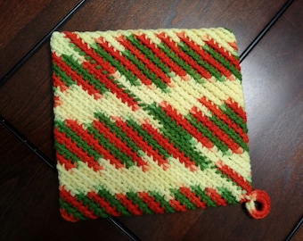 Crocheted Yarn Pot Holders - Single - Yellow Green Red Christmas Colors