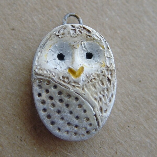 Owl Bead Woodland Pendant Soloman Snow Owl rustic forest critter gray, taupe, white, nature inspired folk handmade polymer clay art bead