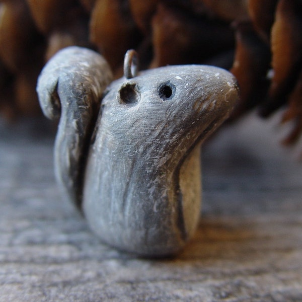 Squirrel Bead Woodland Pendant Felix Squirrel pendant charm whimsical rustic forest gray nature inspired handmade polymer clay folk art bead