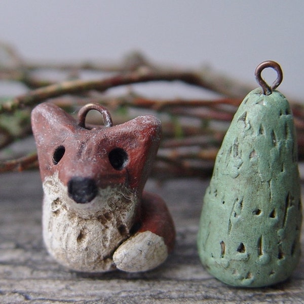 Fox Bead Woodland Bead Pendant Finley the Fox & Tree charm whimsical rustic wee forest nature inspired handmade polymer clay folk art