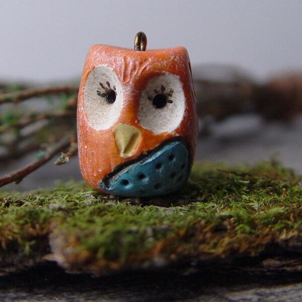 Owl Bead Woodland  Pendant Zoe the Extoverted Owl charm rustic handmade orange yellow blue forest nature inspired polymer clay folk art bead