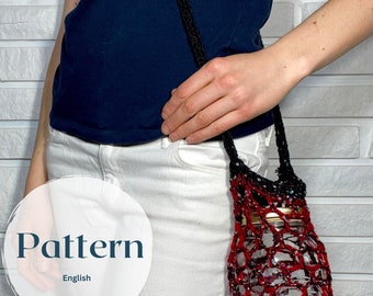 May include: A red and black crocheted bag with a glass jar inside. The bag is being worn as a shoulder bag. The text "Pattern English" is visible in the image.