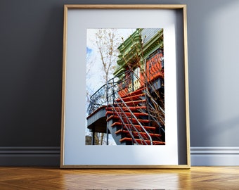 Colorful houses art print - Montreal photography - Colorful cities large wall art -Plateau Mont-Royal - Spring home decor - Spiral staircase